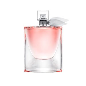 Perfume original Lancôme La Vie Est Belle para mujer en frasco de cristal con lazo gris y líquido rosado.