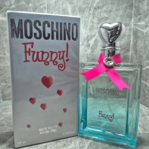 Perfume original Moschino Funny! para mujer en frasco azulado con tapón de corazón plateado, lazo rosa y caja original.