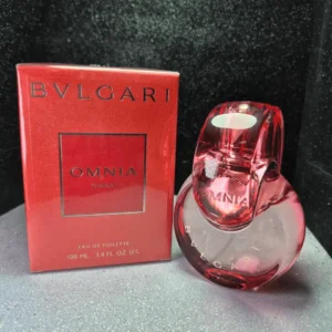 Perfume original Bvlgari Omnia Coral para mujer en frasco de anillos entrelazados rojo coral y caja original.