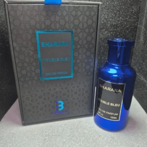 Perfume Bahara Double Bleu para hombre en frasco azul brillante con caja original de lujo.