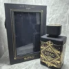 Perfume árabe Lattafa Bade'e Al Oud for Glory en frasco negro con grabados dorados y caja original de lujo.