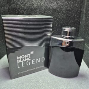 Perfume original Montblanc Legend para hombre en frasco negro con detalles plateados y caja original.