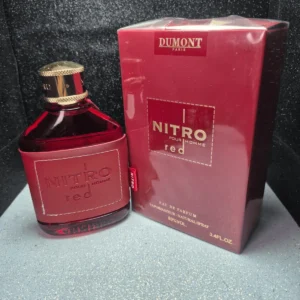 Perfume árabe Dumont Nitro Red para hombre en frasco rojo vibrante con caja original.