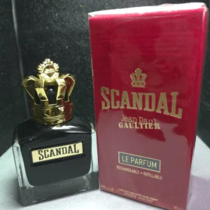 Perfume Jean Paul Gaultier Scandal Le Parfum para hombre en frasco negro con corona dorada y caja roja.
