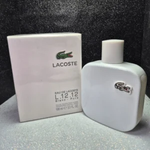 Perfume original Lacoste L.12.12 Blanc (White) para hombre en frasco blanco mate con logotipo del cocodrilo y caja original.