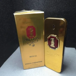 Perfume original Paco Rabanne 1 Million Royal para hombre en frasco de lingote de oro con escudo de corona roja y caja original.