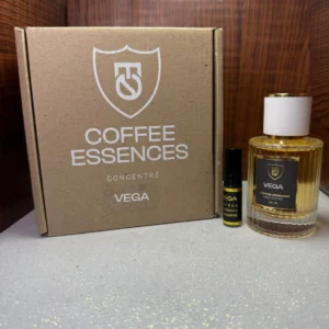 Perfume Coffee Essences Concentré Vega en frasco de vidrio con caja original y vial de muestra