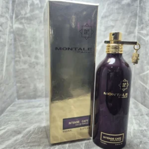 Perfume Montale Paris Intense Cafe en frasco purpura y dorado con su caja original.